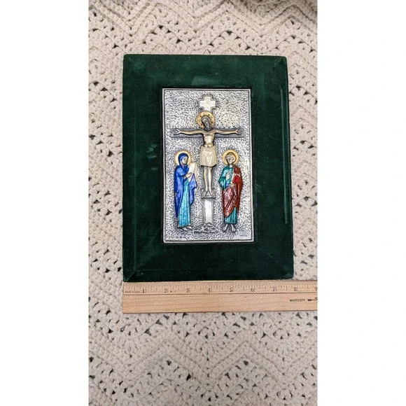 Ottaviani Italy 925 Sterling Silver Enamel Crucifixion Plaque Green Velvet Frame
